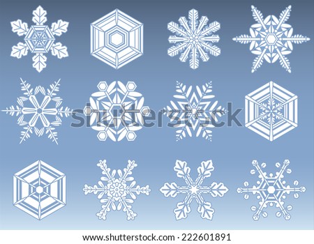 Snowflake Silhouette Icons - Set of 12 natural looking snowflakes. File is layered; each snowflake is grouped individually for easy editing.  Colors are global swatches and can be modified easily.  