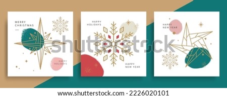 Christmas and New Year greeting vintage cards. Vector xmas illustrations for holiday graphic with snowflakes, stars.