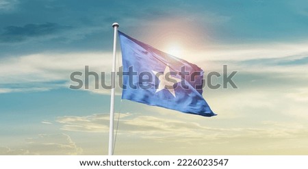 Somalia national flag waving in beautiful clouds.