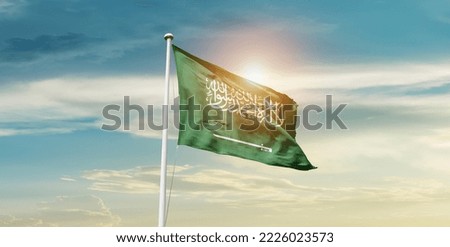 Saudi Arabia national flag waving in beautiful clouds.