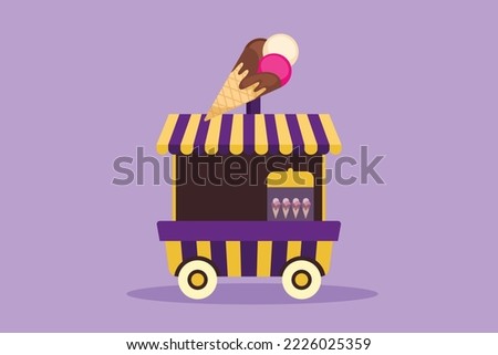 Cartoon flat style drawing ice cream booth at amusement park using a two-wheeled cart with an ice cream logo. Sweet and very tasty food. Successful small business. Graphic design vector illustration