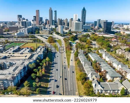 Aerial view of Atlanta skyline from iconic Jackson Street Bridge Royalty-Free Stock Photo #2226026979