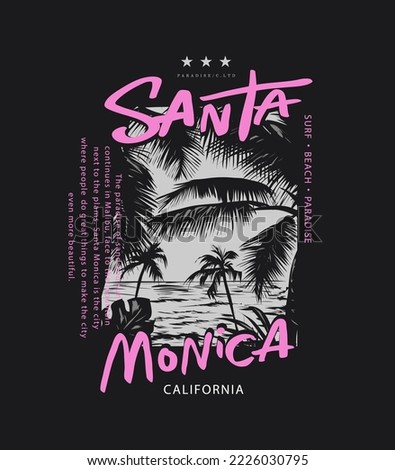 santa monica calligraphy slogan with palm beach view in square frame vector illustration on black background