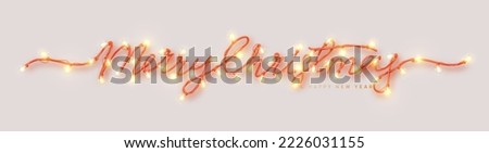 Merry Christmas lettering realistic 3d inscription from christmas lights decorated garlands. Happy Holidays lettering decorative lamp. Horizontal web poster, header for website. Vector illustration