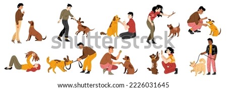 People training dogs, hug and play with puppies. Pet owners walk with dogs on leash, play with them with balls, sticks, train obedience, vector hand drawn illustration isolated on white background