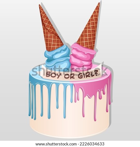 Vector illustration of Gender Party Cake. Pink, blue, and white cake with upside dow ice cream cones and Boy or Girl inscription isolated on white.