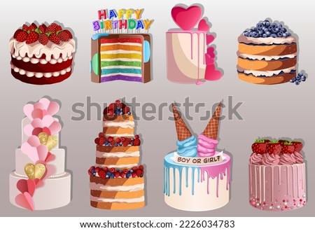 Set of different cakes. Vector illustration of various cakes isolated on gray. Happy Birthday, Valentine's day, Wedding, Gender party, clip-art concept.