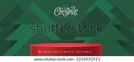 Merry Christmas banner with red product display and Christmas tree abstract background