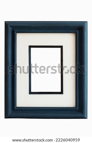 Wooden double blue frame with Italian style rod painted navy blue, empty, center without image on white background.           