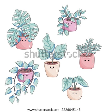 Cute characters house plants in pots set. Kawaii elements in pastel colors. Vector illustration for kids design.