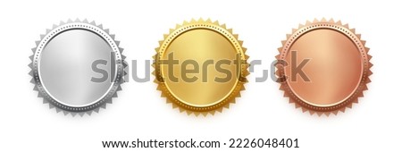 Award golden, silver and bronze blank medals 3d realistic illustration. First, second and third place medals or buttons isolated on black background. Certified. Quality blank, empty badge, emblem set. Royalty-Free Stock Photo #2226048401