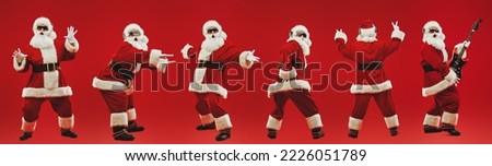 Photo collection of Santa Clauses in black sunglasses and headphones standing in a row and posing emotionally on a festive red background. Merry Christmas. Party. Full length shot.  Royalty-Free Stock Photo #2226051789