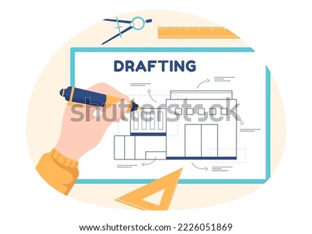 Drafting, Engineer or Architect Working on Drawing Board Projecting and Draft in Flat Cartoon Hand Drawn Templates Illustration