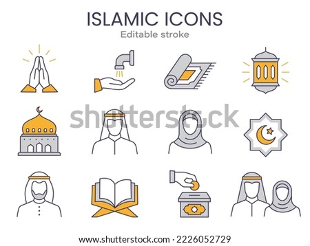 Arabic icons, such as islam, quran, people, muslim, lantern and more. Editable stroke. Royalty-Free Stock Photo #2226052729