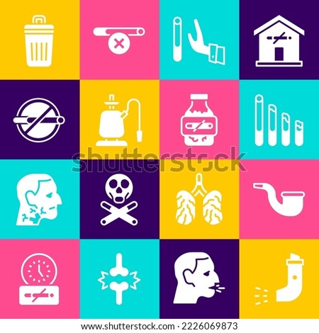 Set Inhaler, No pipe smoking, Smoking cigarette, Giving up, Hookah, Trash can and Nicotine gum blister pack icon. Vector