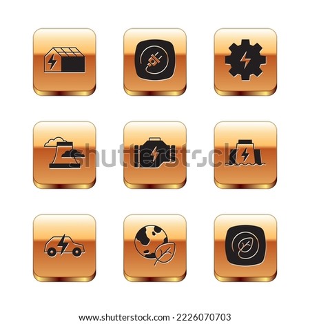 Set Solar energy panel, Electric car, Earth globe and leaf, Check engine, Nuclear power plant, Gear lightning, Location with and plug icon. Vector