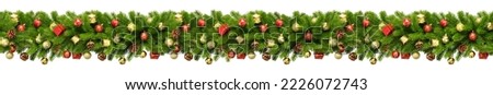 Christmas Border frame of tree branches on white background with copy space isolated. Seamless pattern with Christmas garland