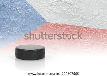 Hockey puck and the image of the Czech flag. Concept