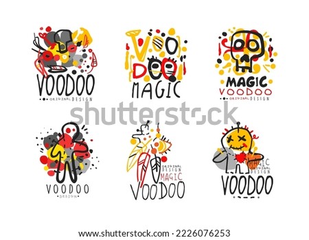 Voodoo logo design set. African and American magic labels or badges hand drawn vector illustration