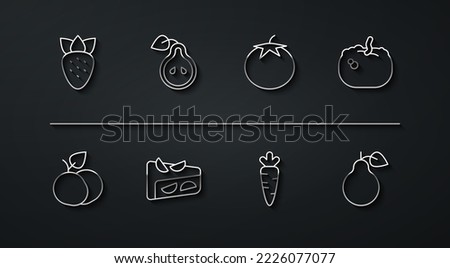 Set line Strawberry, Mango fruit, Pumpkin, Carrot, Homemade pie, Pear,  and Tomato icon. Vector