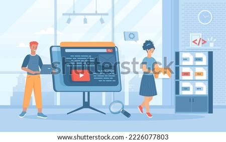 Web scraping. Technology for collecting data from web pages. Extracting content and data from websites in different formats. Flat cartoon vector illustration with people characters for banner website Royalty-Free Stock Photo #2226077803