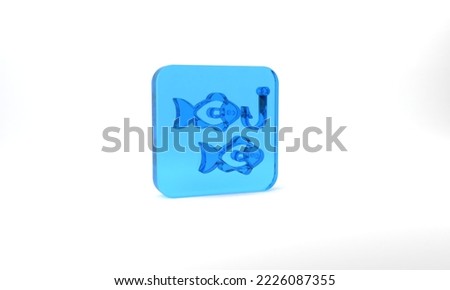 Blue Fishing hook under water with fish icon isolated on grey background. Fishing tackle. Glass square button. 3d illustration 3D render.