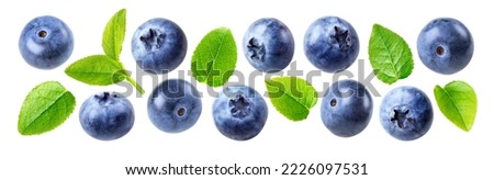 Set of blueberries and blueberry leaves isolated on white background. Closeup group of fresh ripe blueberries with leaves. Royalty-Free Stock Photo #2226097531