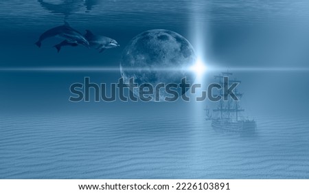 Silhouette of old abandoned shipwreck sea or ocean bottom with dolphin full moon in the background "Elements of this image furnished by NASA "