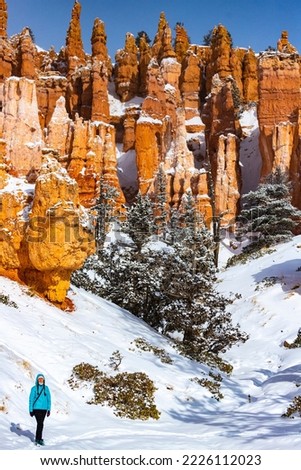 girl in blue jacket hiking in snowy bryce canyon national park in winter; snowy red rocks in utah, winter in usa; hiking in snow Royalty-Free Stock Photo #2226112023