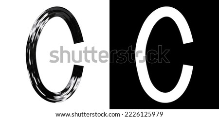 Letter C made of ribbon with glossy black tiles, isolated on white with clipping mask, 3d rendering