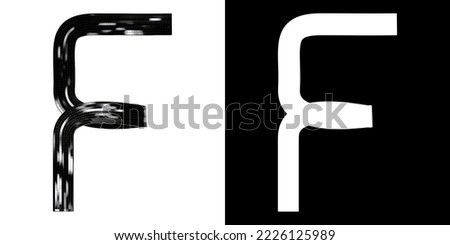 Letter F made of ribbon with glossy black tiles, isolated on white with clipping mask, 3d rendering