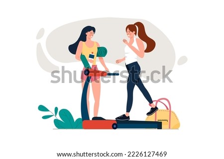 Fitness concept with people scene in the flat cartoon style. Two woman do fitness exercises in the garden. Vector illustration.