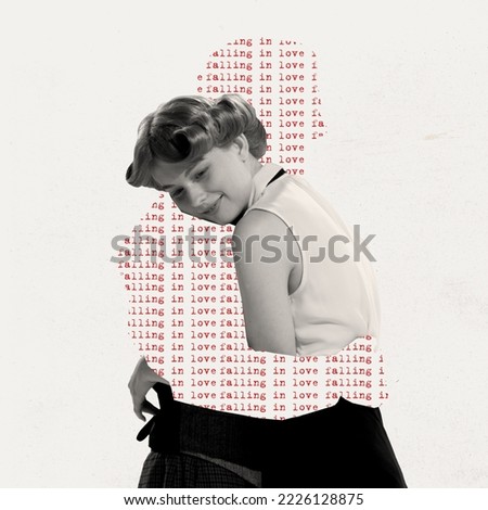 Contemporary art collage. Creative design in retro style. Young woman hugging silhouette of man. Falling In love. Dreaming. Concept of relationship, Valentine's Day, love, feelings. Copy space for ad