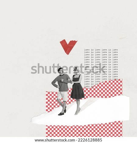 Contemporary art collage. Creative design in retro style. Stylish young couple, man and woman walking on a date. Concept of relationship, Valentine's Day, love, feelings. Copy space for ad