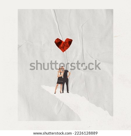 Contemporary art collage. Creative design in retro style. Lovely young couple, man and woman spending time together. Concept of relationship, Valentine's Day, love, feelings. Copy space for ad