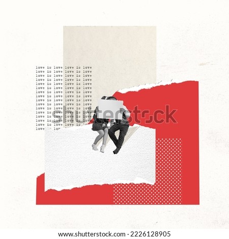 Contemporary art collage. Creative design in retro style. Young couple, man and woman kissing behind newspaper. Date. Concept of relationship, Valentine's Day, love, feelings. Copy space for ad Royalty-Free Stock Photo #2226128905