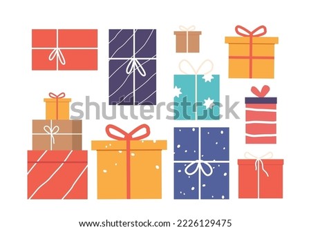 Set Different Gift Boxes Isolated on White Background. Colorful Presents Wrapped with Paper and Ribbons, Wood Caskets for Winter Holidays, Christmas, New Year Celebration. Cartoon Vector Illustration