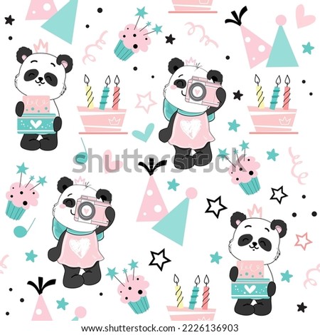Cute baby pandas in kawaii doodle style. Happy Birthday concept. Vector cartoon illustration seamless pattern on a white background
