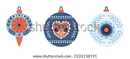 Set of Various Christmas Tree Toys in Cute Scandinavian Folk Style. Isolated Glass Ornate Colored Decorative Design Elements. Xmas Baubles and Decoration. Cartoon Vector Illustration, Icon, Clip Art