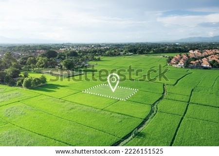 Land plot in aerial view. Gps registration survey of property, real estate for map with location, area. Concept for residential construction and development. Also home, house for sale, buy, investment