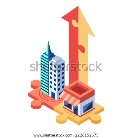 Flat 3d Isometric Company on Puzzle Pieces Merging Together. Merger and Acquisitions Concept. Royalty-Free Stock Photo #2226152575