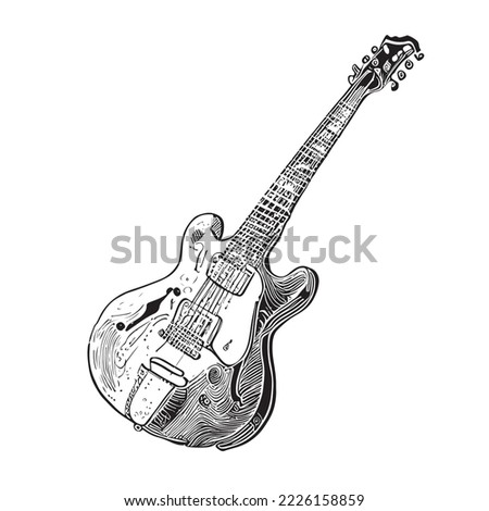 Vintage electric guitar sketch hand drawn engraving style vector illustration.
