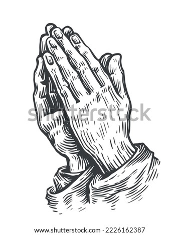 Pray symbol. Prayer to God with faith and hope. Hand drawn praying hands sketch vintage vector illustration