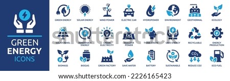 Green energy icon set. Collection of renewable energy, ecology and green electricity icons. Vector illustration. Royalty-Free Stock Photo #2226165423