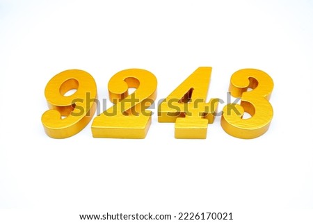   Number 9243 is made of gold-painted teak, 1 centimeter thick, placed on a white background to visualize it in 3D.                               