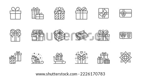 Gift line icon set. Christmas present box wrap, discount card certificate minimal vector illustration. Simple outline sign for New Year giftbox. Editable Stroke Royalty-Free Stock Photo #2226170783