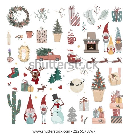 Christmas set with cartoon New Year elements, characters, and objects. Big Xmas collection for greeting card, winter holiday stickers, banners designs