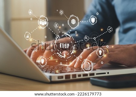 Businessman using a computer to Esop - Employee Stock Ownership Plan concept with vector icons. Employee stock ownership is where a company's employees own shares in that company.