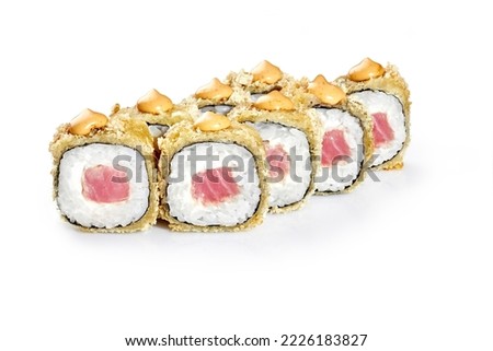 Warm tempura rolls with tuna coated with panko breadcrumbs and sauce Royalty-Free Stock Photo #2226183827
