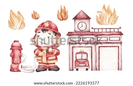 Fire station clip art isolated on white background. Hand drawn by watercolor. Cute kids design in cartoon style. Fire man, fire station, fire 